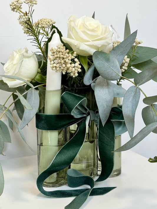 White & Green 3 Candle Arrangement in Glass Vase